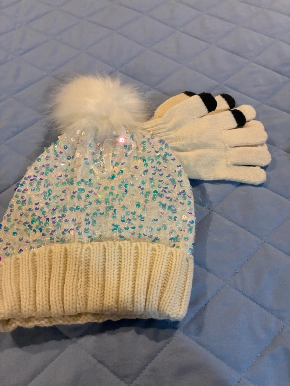Justice Cream Sequin Pom Beanie with Matching Touchscreen Gloves